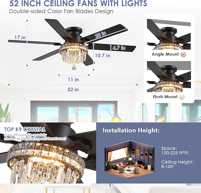 Asyko Crystal Ceiling Fan Fandelier with Lights - 52" Outdoor Fans with Remote Control，Crystal Ceiling Fans Noiseless DC Motor, Retro/Farmhouse Lighting, Dining Room,Living Room