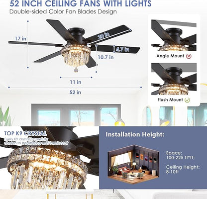 Asyko Crystal Ceiling Fan Fandelier with Lights - 52" Outdoor Fans with Remote Control，Crystal Ceiling Fans Noiseless DC Motor, Retro/Farmhouse Lighting, Dining Room,Living Room