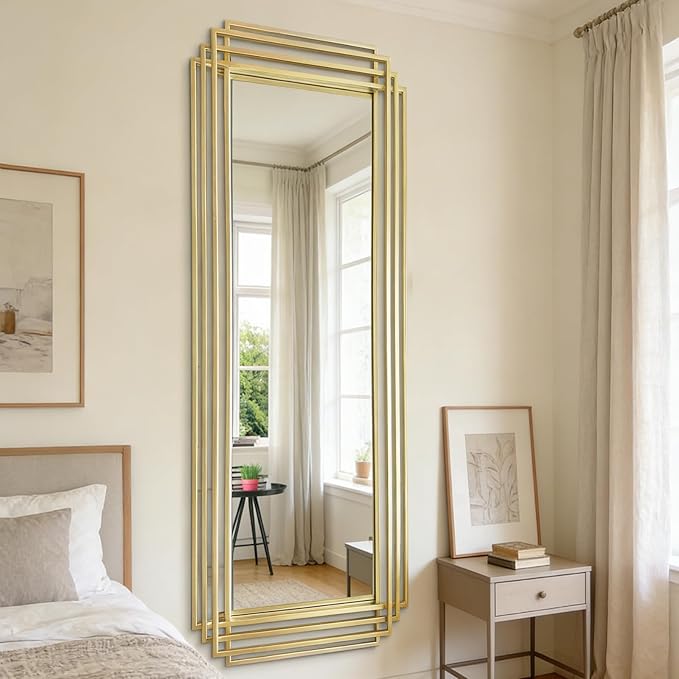Large Geometric Wall Mirror, 67"x26" Modern Rectangle Full Length Mirror with Gold Metal Frame, Elegant Art Deco Mirror for Living Room Entryway Hallway, Hangs Vertically or Horizontally