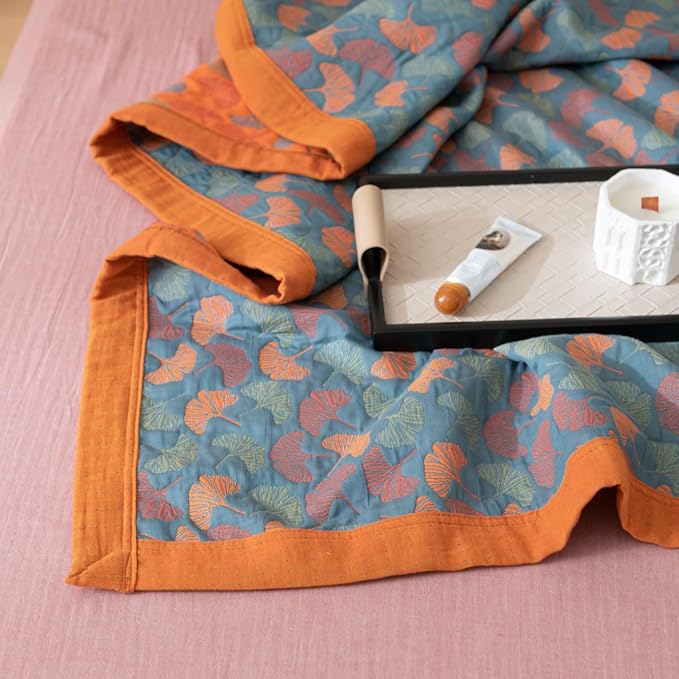 100% Cotton Muslin Blanket Jacquard Floral Ginkgo Leaves Print Quilt, Soft Bed Cover 3 Layers Reversible Bedspread Coverlet Breathable Lightweight Bedding Twin(59"x94"), No Pillow Sham