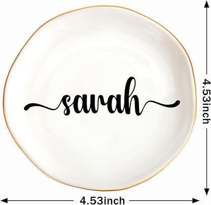 JoycuFF Sarah Personalized Name Ceramic Jewelry Tray, Mothers Day Christmas Anniversary Engagement Birthday Gifts for Women Couples, Trinket Dish for Rings Earrings Necklaces Bracelets Keys