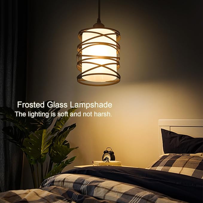 Modern Mini Pendant Light Fixture Kitchen Island Pendant Lighting 6.30''Matte Black Spiral Cage and Handblown Frosted Haze Glass Shade Hanging Lamp Adjustable Cord for Dining Room 1 Pack