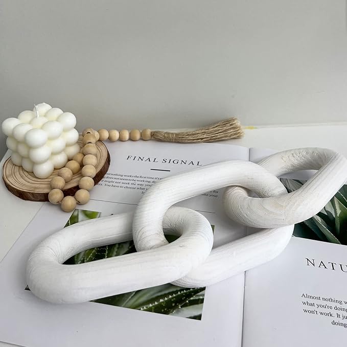 hanlin Decor Wood Knot, Home Shelf Decor, Wood Chain 3 Link Decor, Hand Carved Home Decorations for Living Room, Farmhouse Coffee Table Decor (White), (THRWOLI)