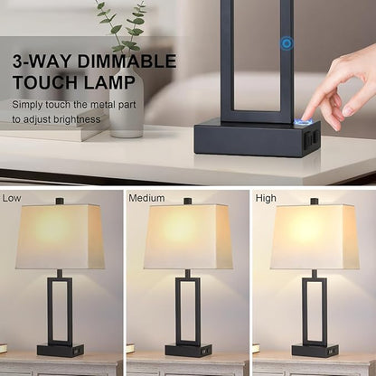 Touch Control Table Lamps with 2 USB Charging Ports & AC Outlets, 23" Tall Modern Nightstand Bedside Lamp for Bedroom, 3-Way Dimmable Metal Table Lamp with Fabric White Shade for Living Room End Table