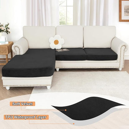NAISI Waterproof Couch Cushion Covers Thick Velvet Fabric Washable Sofa Slipcovers Sectional Couch Covers for 3 Pieces Separate L Shape Couch Cover with Elastic Bottom(2 Seater + 1 Chaise,Black)
