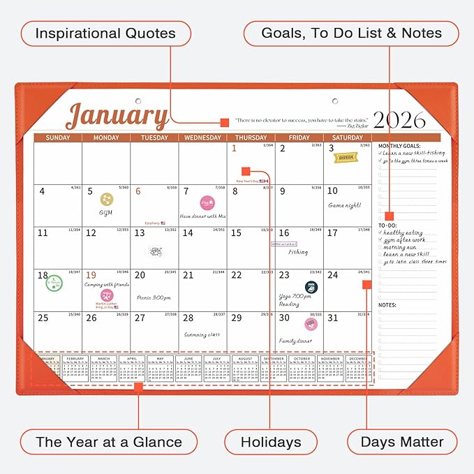 Ospelelf Desk Calendar 2026-2027 Wall Monthly Planner 12"x17" Leather Pad with Protective Cover 18 Months January 2026 - June 2027 Orange