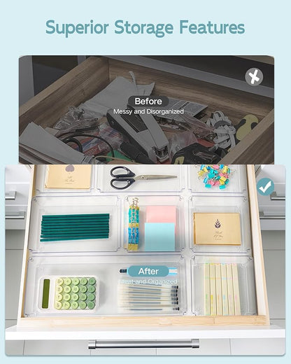 9 Pack Large Clear Plastic Drawer Organizer Trays, Desk Drawer Organizers and Storage Dividers, Non-Slip Storage Bins for Jewelry, Snacks, Office, Bathroom, Bedroom and Kitchen