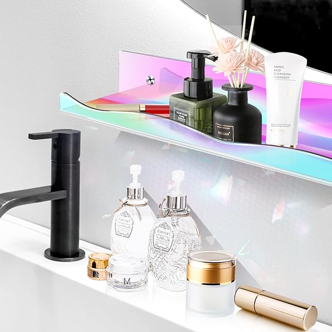 DILIBRA 4 Packs Iridescent Acrylic Floating Shelves, 15.7 Inch Clear Acrylic Display Shelf Wall Mounted, Invisible Set up for Funko Pop Display Shelves Wall Ledge Bookshelf for Kids Room Bathroom Dorm