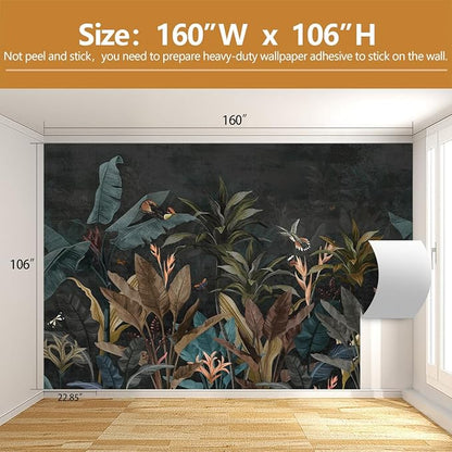 Tropical Botanical Wallpaper Dark Jungle Plant Leaf Wall Mural for Living Room Bedroom（Not Peel and Stick）