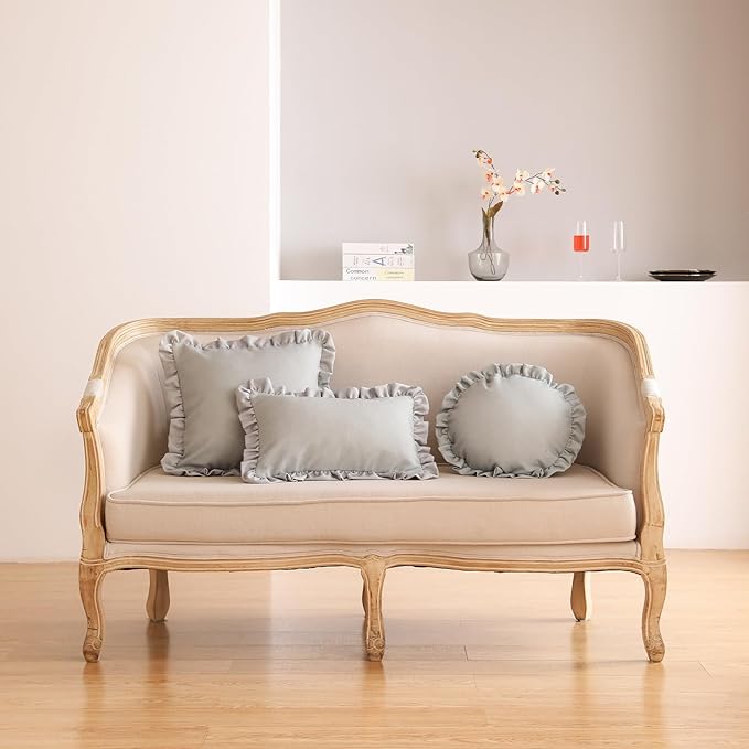 ISAENNE Classic Silver Round Throw Pillow Cover Diameter 16", Solid Color Farmhouse Linen Cotton Decoration Pillow Cover with Ruffles, Sturdy Throw Pillow Case for Couch Sofa Bed Living Room