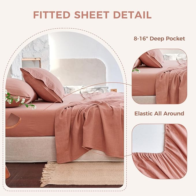 King Sheet Set Cotton Bed Sheets Gauze 4 Pcs Mocha Brown King Sheets Set 16" Deep Pocket Sheet & Pillowcase Sets Boho Muslin Sheets King Size Soft All Season Bedding Sets