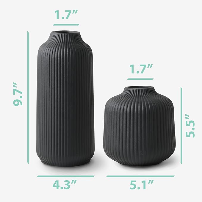 Ceramic Vases in Nordic Style, Modern Vase Deco for Pampas Grass, Boho Deco for Windowsill, Vases Set in Black Matt, Flower Vase as Home Decoration for Fresh Flowers, Dried Flowers, Set of 2