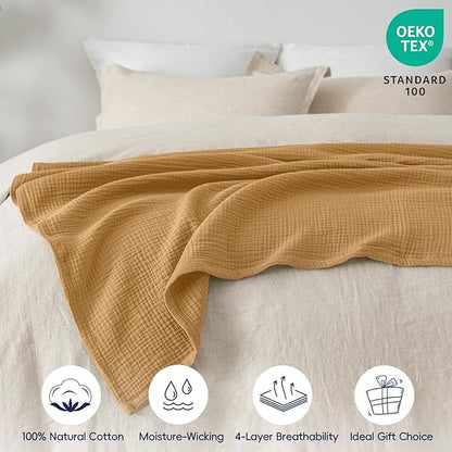 PHF 100% Cotton Muslin Throw Blanket 50" x 60", 4-Layer Lightweight Gauze Throw, Breathable Cloud-Soft Minimalist Blanket for Bed, Couch, Camping & Baby, Amber, Ideal Gift