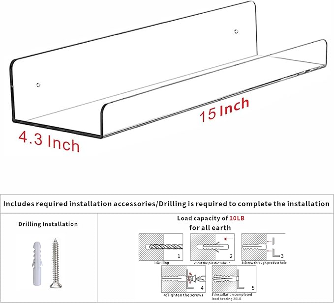 4 Pcak Clear Acrylic Shelves for Bedroom,Room,15 Inch Bathroom Wall Shelf & Organizer,Invisible Floating Shelves & Wall Storage for Collectibles Perfume Shelf,Record,Funko Pop,Lego Display,Bookshelf