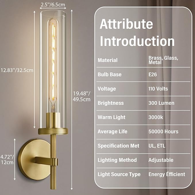 Gold Wall Sconces Set of Two, 19.48" Knurled Gold Wall Lighting with Glass Tube, Modern Brass Sconces Wall Lamp for Bedroom Living Room Bathroom Hallway Staircase & Vanity Mirror(Including Bulb)