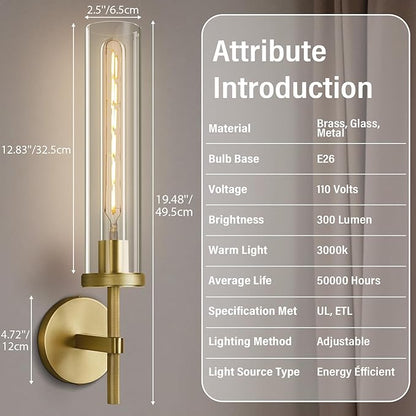 Antique Gold Wall Sconce 19.48" Modern Luxe Wall Lighting with Clear Glass Tube, Living Room Bedroom Bathroom Mirror Sconces, Staircase Decor Hallway Lamp Fixture(Including Bulb)