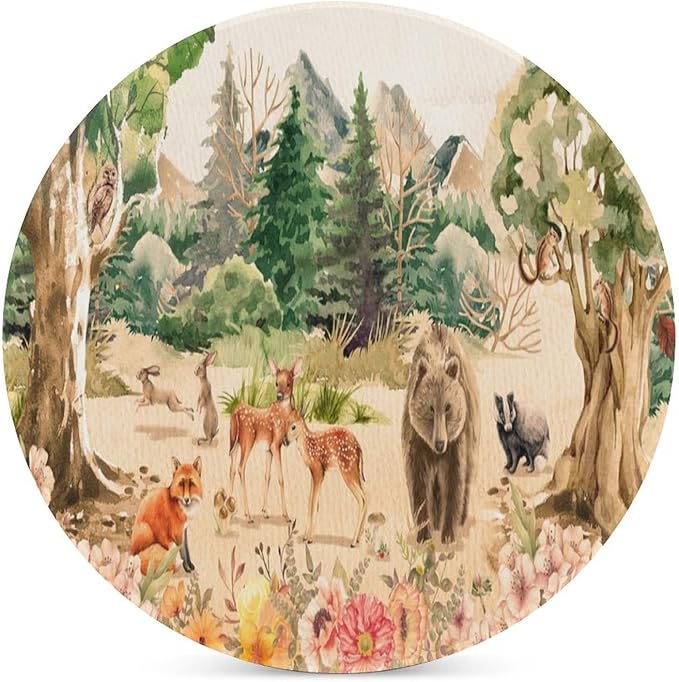 Round-6PCS Forest Ceramic Coasters,Absorbent Drink Coasters, Retro Mountain Forest Nature Tree Woodland Flower Animal Bear, Deer Ceramic Table Coasters for Coffee, Beverage, Wine, Beer Coasters