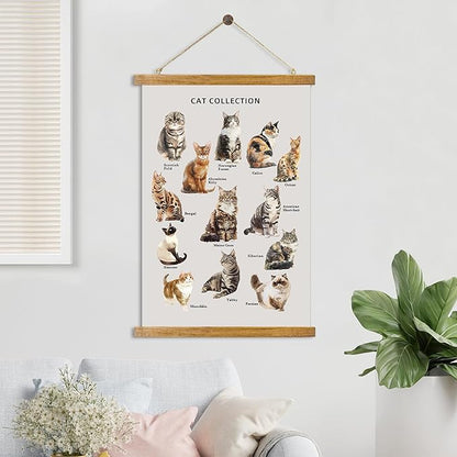 ABoby Vintage Cat Breeds Chart Posters - Pet Wall Art for Homes and Offices - Retro Style Painting with Wood Frames - Ready to Hang