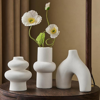 Ceramic Farmhouse Vase Set of 3, Rustic Centerpiece Vases for Fresh Dried Flowers Pampas Grass Bouquets, Boho Home Decor for Living Room Kitchen Entryway Table Mantel, Wedding Decor