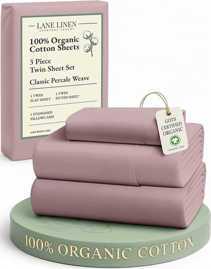 LANE LINEN Sustainable 100% Organic Cotton Twin Size Bed Sheets, Soft & Comfy Mercerized Fully Elasticized Naturally Cooling Machine Washable Twin Sheet Sets Cotton- Lilac