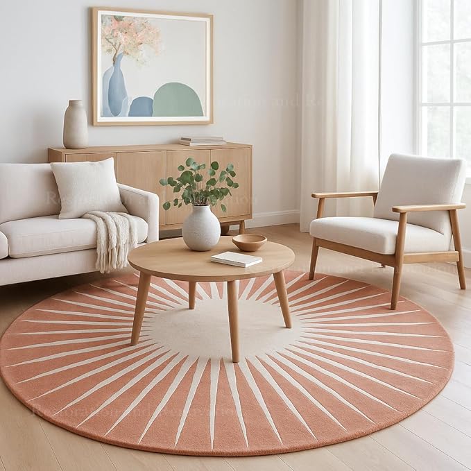 Modern Round Area Rug – Hand-Tufted with 100% NZ Wool, Thick & Soft Circular Carpet for Living Room, Bedroom & Dining Room Decor (Soft Pink, 9' Round)