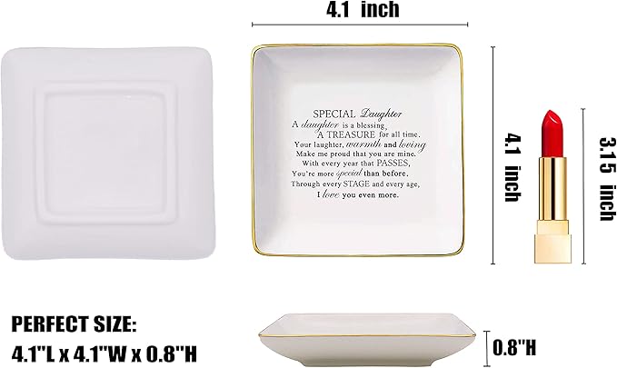 Topthink Special Daughter A Is Blessing – Ceramic Jewelry Holder Ring Dish Trinket Tray– Gifts from Mom Or Dad - Birthday Graduation Christmas for Bouns in Law