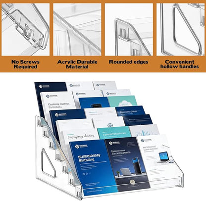 7 Tier Brochure Holder 12 x 7 inch Clear Acrylic Pamphlet Holder Display Stand Organizer Plastic Flyer Literature Magazine Booklets Menu Journals Rack for Home Office Exhibition, Pack of 2