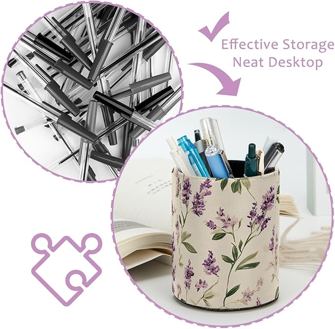 Round Pen Holder for Desk, Leather Pen Pencil Cup, Decorative Desk Stationery Supplies Organizer for Home Office Classroom, Cute Purple lavender and Sage Green Leaves on a Cream Background