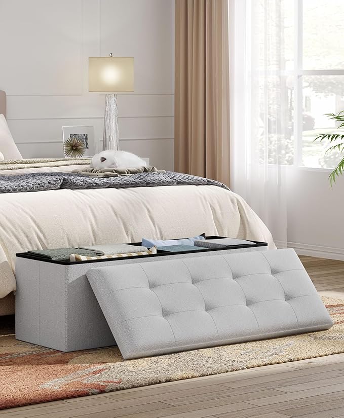 Folding Storage Ottoman Bench, Multi-Functional Ottoman Foot Rest, End of Bed Bench, Storage Chest for Living Room, Bedroom, Hallway, Entryway, Holds Up to 600 lbs (Light Gray, 43 Inches)