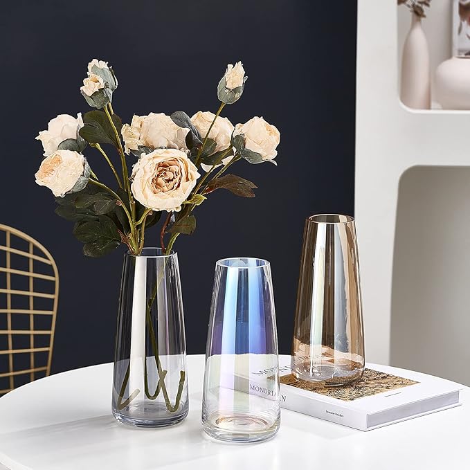 Ekirlin Modern Glass Vase, 8.7 inch Irised Crystal Clear Glass Vase, Thickened Hand Blow Flower Vase Round Bottles for Home Decor, Bookshelf, Room, Office Decor (Crystal Amber)