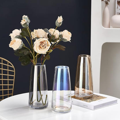 Ekirlin Modern Glass Vase, 8.7 inch Irised Crystal Clear Glass Vase, Thickened Hand Blow Flower Vase Round Bottles for Home Decor, Bookshelf, Room, Office Decor (Crystal Amber)