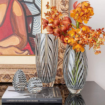 Ca D Oro Murano Style Glass Vase Black and White Feather Pattern Hand Blown Art Glass for Flower, Room Decoration and Centerpiece - Model 54 MS