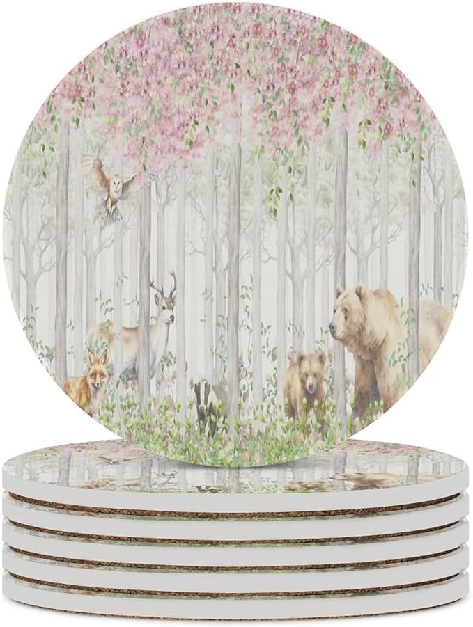 Forest Drink Coasters, Round Ceramic Drink Coaster Round-6PCS, Cartoon Nature Forest Flower Animal Bear, Deer, Fox, Rabbit Decor Absorbent Ceramic Coasters for Beverage Cup, Bar, Coffee Table