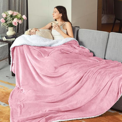 KAWAHOME Sherpa Fleece Queen Size Blanket for Bed - Extra Warm and Heavy Thick Blankets for Winter, Super Soft 500GSM Plush Blanket, 90"X 90" Pink