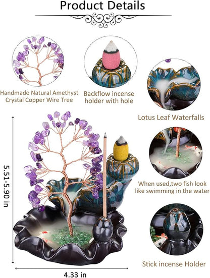 Jovivi Backflow Incense Burner Ceramic Incense Waterfall, Natural Amethyst Healing Crystal Money Tree Incense Holder for Wealth, Good Luck, Yoga Meditation, Home Decor