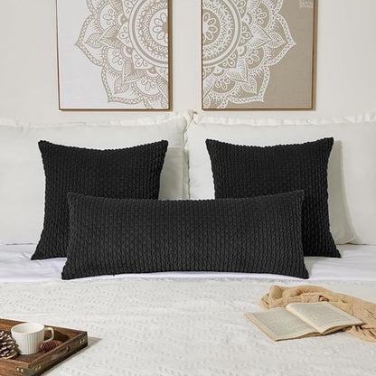 Kevin Textile 20x54 Inch Long Body Lumbar 1 Pack Boho Decorative Throw Pillow Cover Soft Striped Corduroy Rectangle Cushion Case Farmhouse Accent for Living Room Couch Sofa Bed, Black