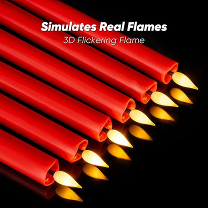 Homemory 2 Pcs Real Wax Made Red Flameless Taper Candles with Remote and Timer, 9.6" Battery Operated Candle Stick Flickering, Led Taper Candles with Lifelike Flame for Xmas Home Decor