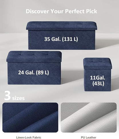 Folding Storage Ottoman Bench, Multi-Functional Ottoman Footrest, End of Bed Bench, Storage Chest for Living Room, Bedroom, Hallway, Entryway, Holds Up to 300 lbs (Navy Blue, 15 Inches)