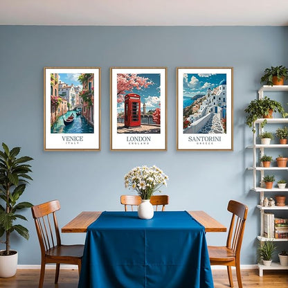 HLNIUC Italy Coast Wall Art Framed, Blue Europe Cityscape Italian Wall Decor set of 3 (16"x24"), Venice London Santorini Travel Landmark Beach Canvas Painting for Living Room, Bedroom, Office