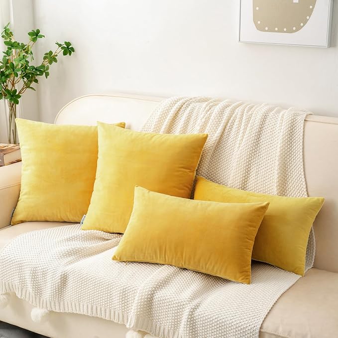 HWY 50 Yellow Velvet Throw Pillow Covers 18x18 Inch, Pack of 2 Soft Cozy Solid Decorative Luxury Cushion Cases for Couch Sofa Bed Living Room Bedroom
