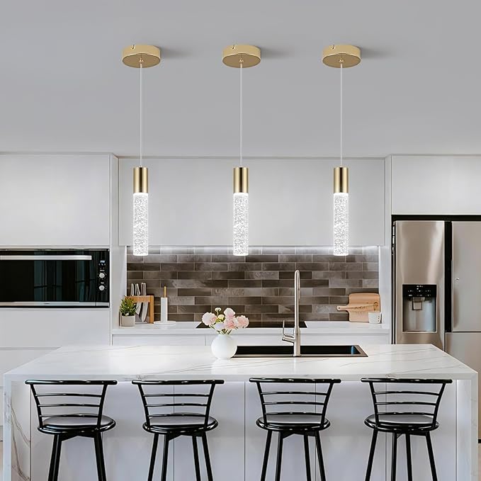 OKELI Modern Pendant Light, LED Bubble Crystal Kitchen Island Lights Fixtures,Mini Single Island Lights Pendant Lighting for Kitchen Island,Bar,6W,6000K,Gold