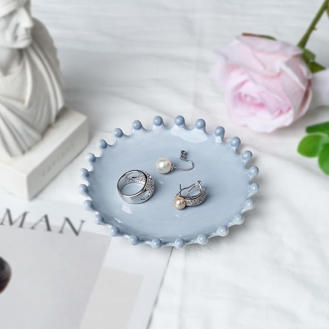 Ceramic Jewelry Dish, Decorative Tray for Rings Earrings Necklaces Bracelet Watch Keys, 4.50" Trinket Tray as Gifts for Women (Antique Beads)