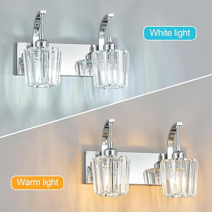 Modern Bathroom Vanity Light, 2-Light Chrome Wall Sconce with Crystal Accents, Over Mirror Bathroom Lighting Fixture, 13.77" Long Dimmable Vanity Lamp for Makeup, Easy Installation