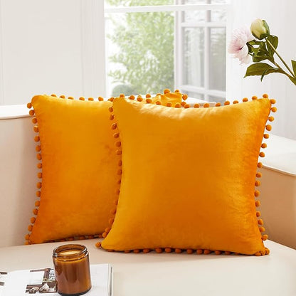 Deconovo Velvet Throw Pillow Covers, Set of 2, Decorative Pom-poms Soft with Invisible Zipper Cover for Sofa,Mustard Yellow,22x22 Inch