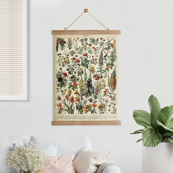 XIAOAIKA Vintage Wildflower Hanging Poster with Wooden Frame, Retro Style Wall Decor Detailed Floral Illustration- Educational Botany Wall Art for Gardeners Home Decor Classroom 20 x 30 Inches