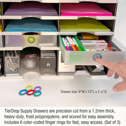 Desktop Organizer 12 Letter Tray Sorter Plus Riser Storage Base & 3 Supply Drawers - Ultimate Office TierDrop Desktop Organizer Stores All of Your Documents & Supplies in One Compact Modular System