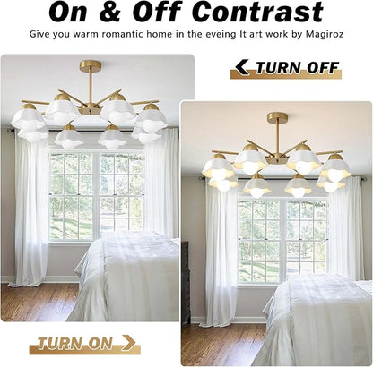 8 Lights Gold Sputnik Chandelier Light Fixture Large Mid Century Modern Milk Glass Sputnik Ceiling Lighting Fixtures Nordic Semi Flush Mount Ceiling Light Fixture for Living Room MCL08-8 GD