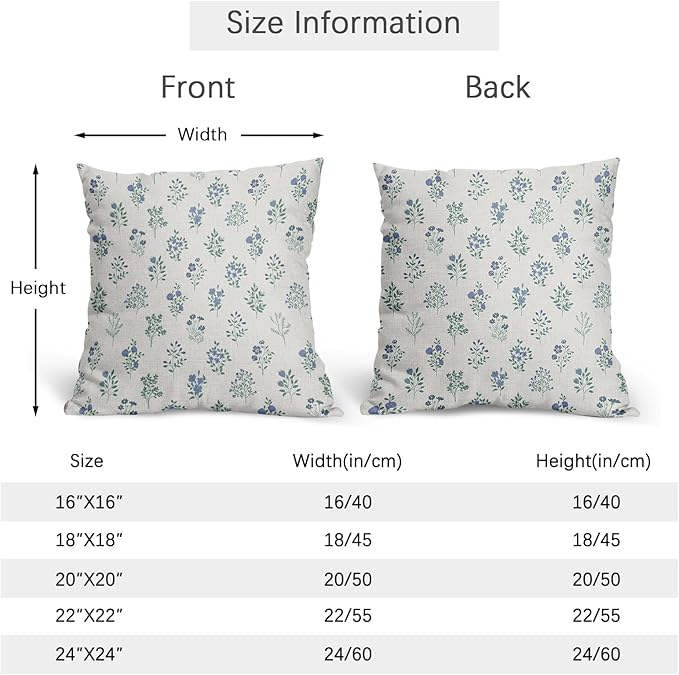 Blue Green Block Print Pillow Covers 16x16 Set of 2 Decorations Vintage Floral Throw Pillow Covers Decor Rustic Pillowcases Flower Pattern Farmhouse Cozy Soft for Sofa Bed Chair Home Decorative