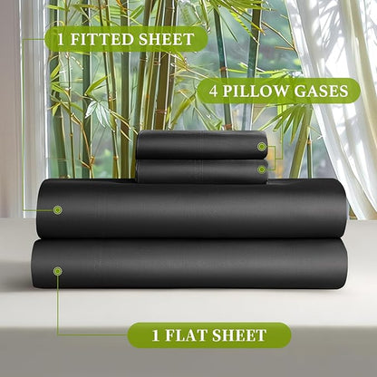 Shilucheng 100% Viscose Derived from Bamboo_ Sheets Queen Size 6pcs - Ultra Cooling & Silky Soft Bed Sheets, 16" Deep Pocket, Perfect for Hot Sleepers, Hotel Bedding Sheets (Black)