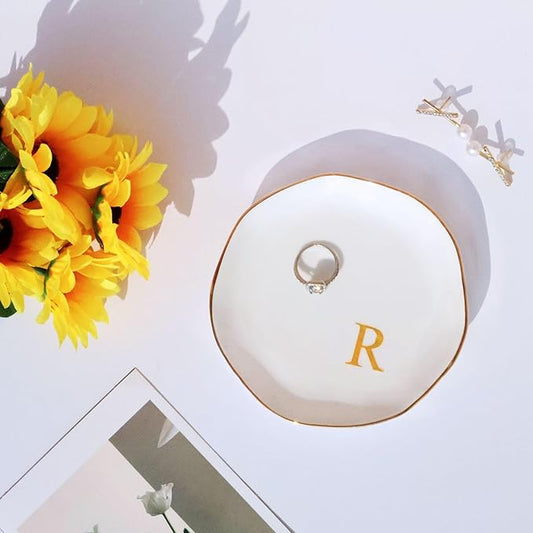 Ceramic Jewelry Tray Initial Ring Dish Personalized R-Monogrammed Engagement Wedding Gifts, for Birthday Mother's Day Christmas for Women, Ceramic White 4.75" (R)